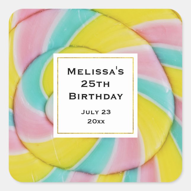 Pastel Rainbow Spiral Candy Photo Party Square Sticker (Front)