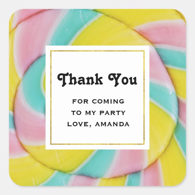 Pastel Rainbow Spiral Candy Photo Party Thank You Square Sticker (Front)