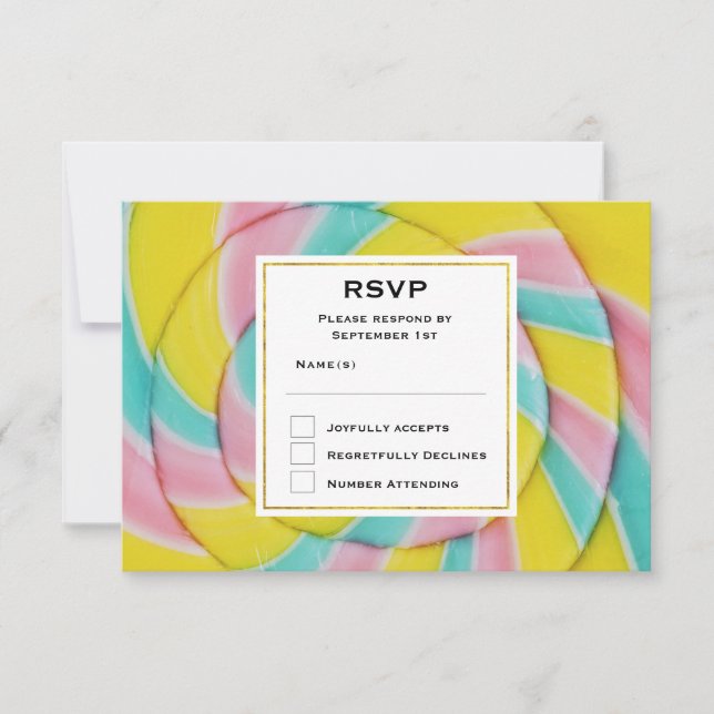 Pastel Rainbow Spiral Candy RSVP Card (Front)