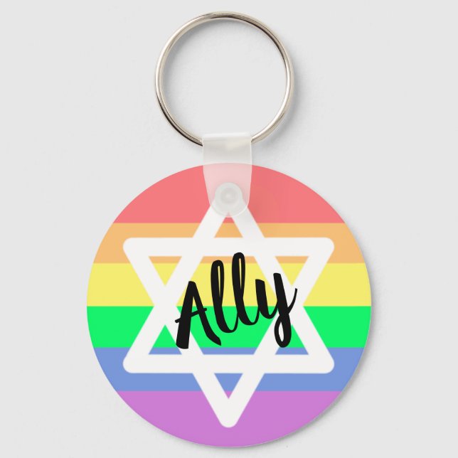 Pastel Rainbow Star of David | LGBTQ Ally Message Key Ring (Front)