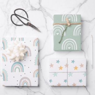 Pastel Rainbow Stars Baby Gren Blue Wrapping Paper Sheet