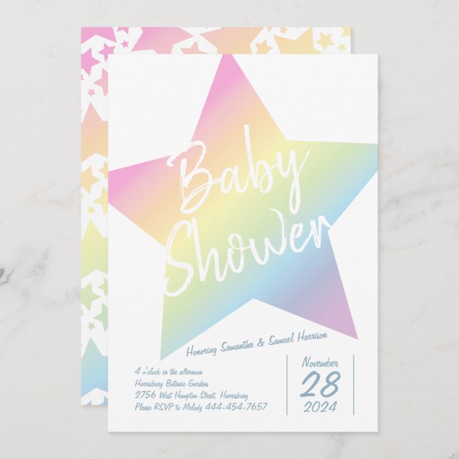 Pastel Rainbow Stars Baby Shower Simple Modern Invitation (Front/Back)