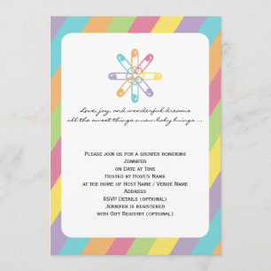 Pastel Rainbow Stripe Diaper Pin Baby Shower Invitation