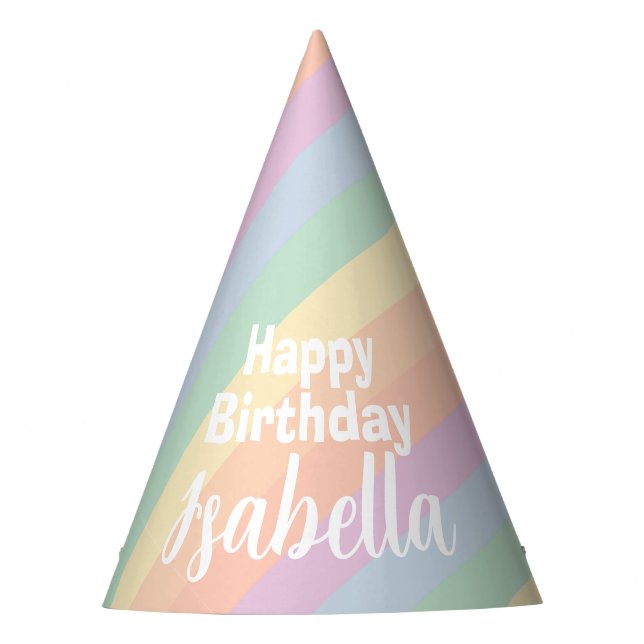 Pastel Rainbow Stripes Happy Birthday Party Hat (Front)