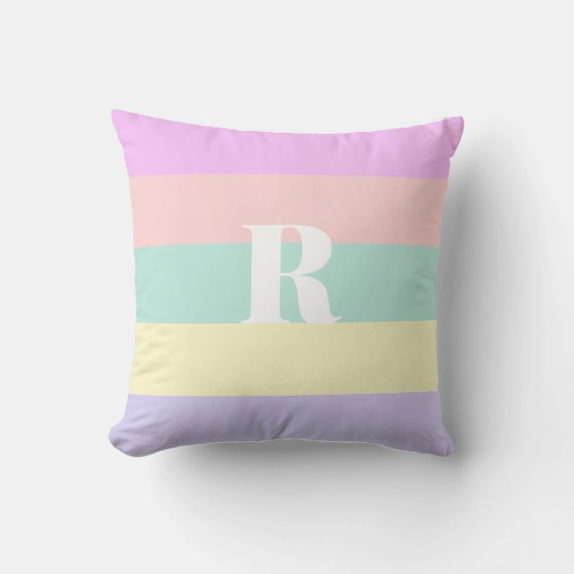 Pastel Rainbow Stripes Personalized Monogram Cushion (Front)