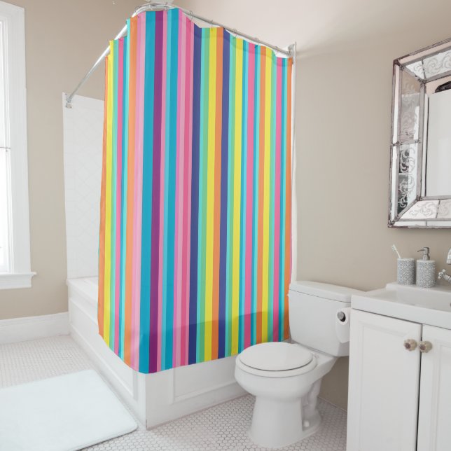 Pastel Rainbow Stripes Shower Curtain (In Situ)