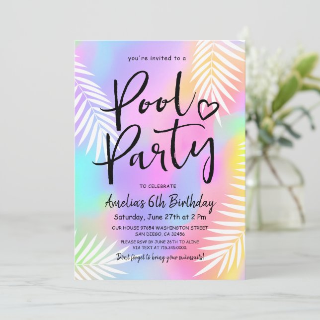 Pastel Rainbow Swimming Pool Birthday Party  Invitation (Standing Front)