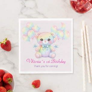 Pastel Rainbow Teddy Bear 1st Birthday Party Napkin