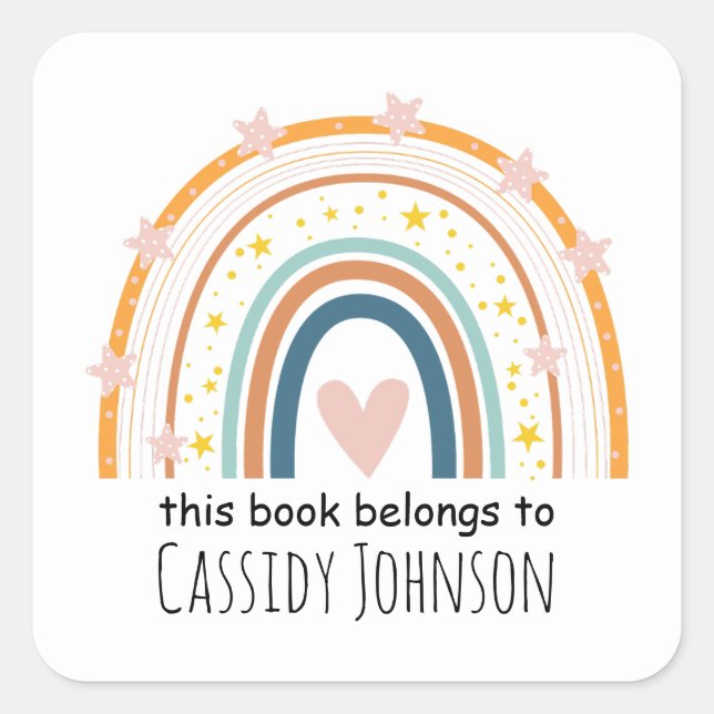 Pastel rainbow this book belongs to kids bookplate square sticker (Front)
