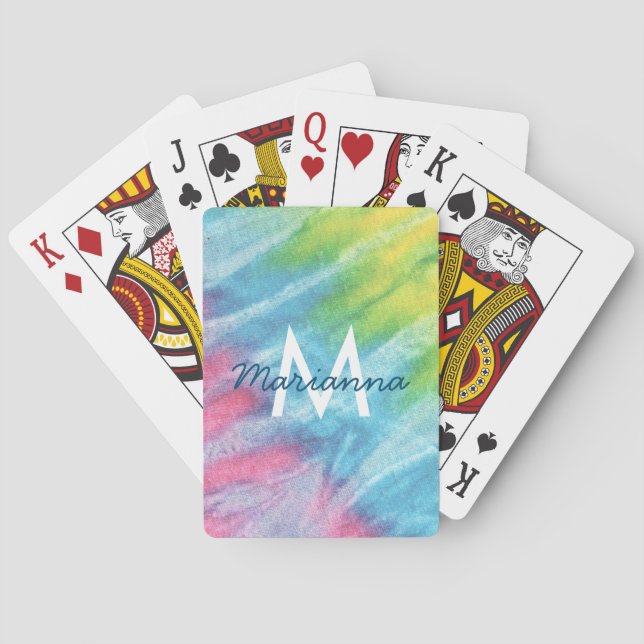 Pastel Rainbow Tie Dye Monogram Name Playing Cards (Back)