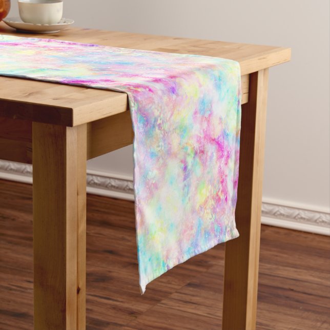 Pastel Rainbow Tie Dye Watercolor Short Table Runner (In Situ)