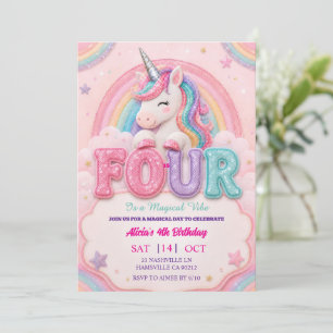 Pastel Rainbow Unicorn 4TH Birthday Girls Invitation