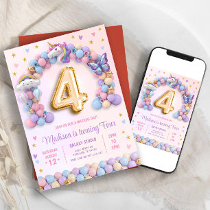 Pastel Rainbow Unicorn 4th Birthday Invitation