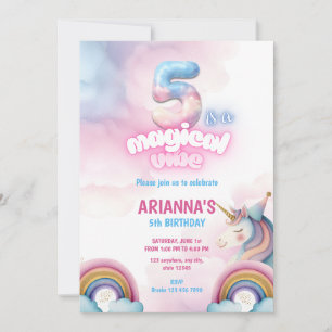 Pastel Rainbow Unicorn 5th Birthday Invitation