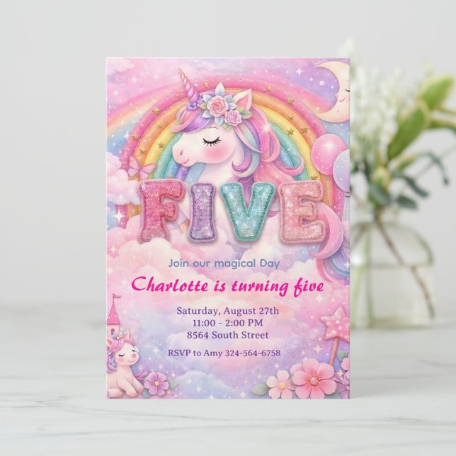  Pastel Rainbow Unicorn  5TH Birthday Invitation  (Standing Front)