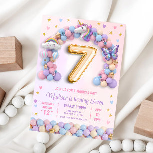 Pastel Rainbow Unicorn 7th Birthday Invitation