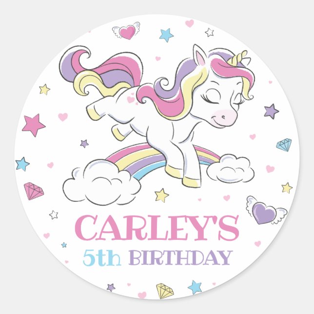 Pastel Rainbow Unicorn Birthday Party, Any Age Classic Round Sticker (Front)