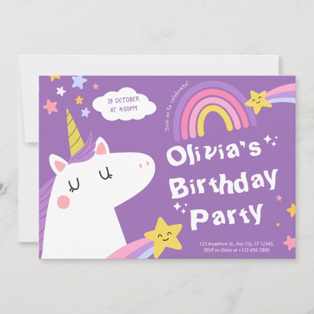 Pastel Rainbow Unicorn Birthday Party Invitation (Front)