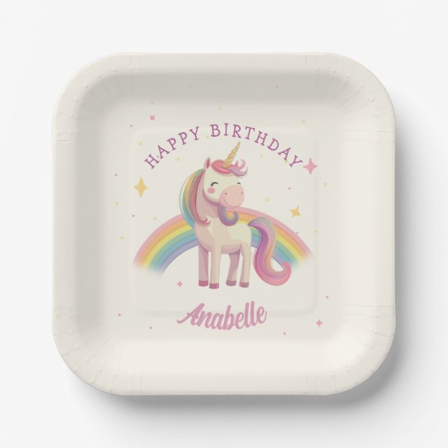 Pastel Rainbow Unicorn Birthday Party Paper Plate (Front)