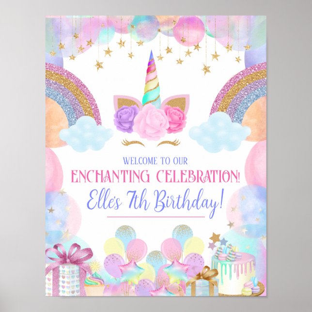 Pastel Rainbow Unicorn Birthday Party Sign (Front)