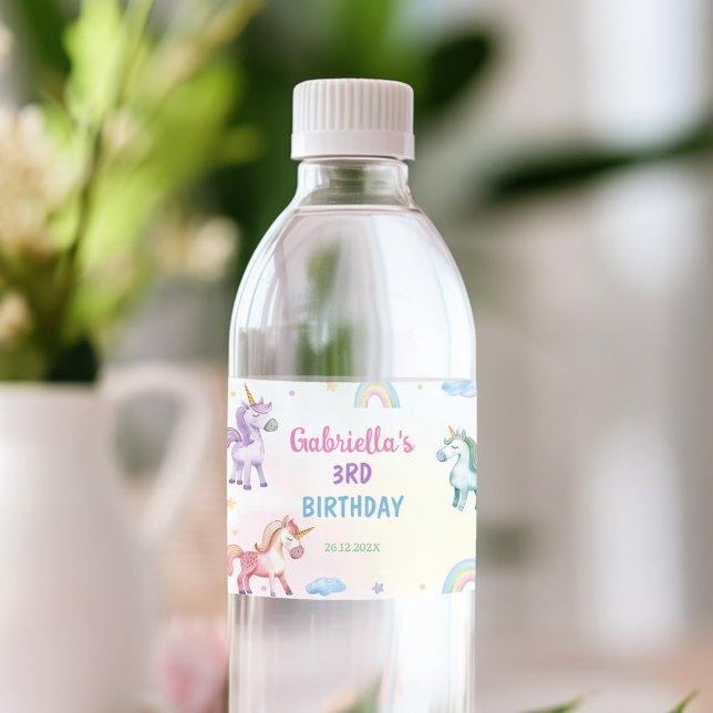Pastel Rainbow Unicorn Birthday Party Water Bottle Label (Creator Uploaded)