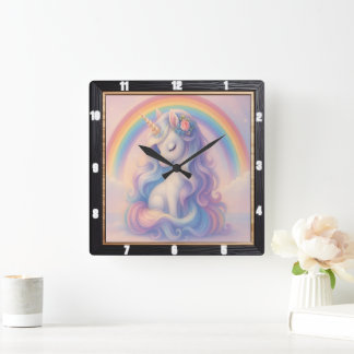 Pastel Rainbow Unicorn Dream Square Wall Clock