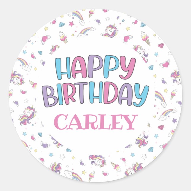 Pastel Rainbow Unicorn Happy Birthday, Any Age Classic Round Sticker (Front)