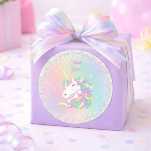 Pastel Rainbow Unicorn Happy Birthday Thank You Classic Round Sticker