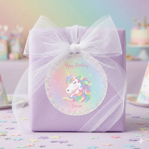 Pastel Rainbow Unicorn Happy Birthday Thank You Classic Round Sticker