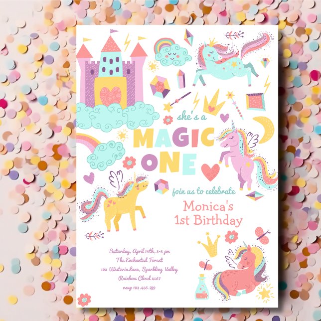 Pastel rainbow unicorn magic one birthday invitation (Creator Uploaded)