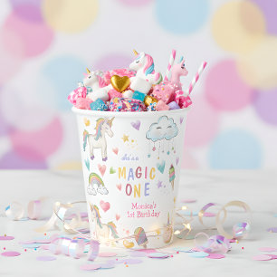 Pastel rainbow unicorn magic one birthday paper cups