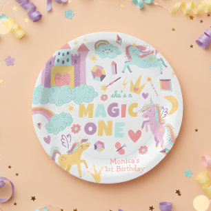 Pastel rainbow unicorn magic one birthday paper plate