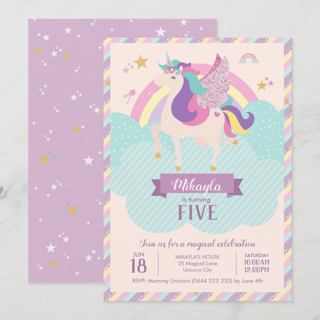 Pastel Rainbow Unicorn Magical Birthday Cute Invitation (Front/Back)