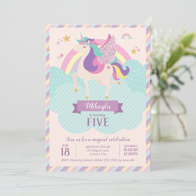 Pastel Rainbow Unicorn Magical Birthday Cute Invitation (Standing Front)