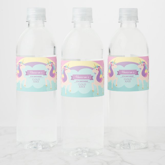 Pastel Rainbow Unicorn Magical Birthday Cute Water Bottle Label (Bottles)