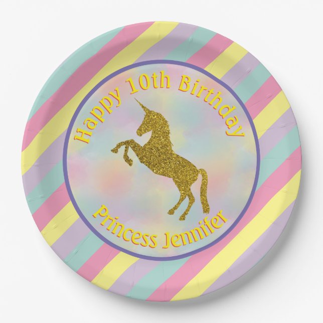 Pastel Rainbow Unicorn Personalised Birthday Paper Plate (Front)