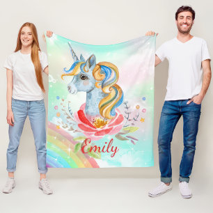 Pastel Rainbow Unicorn Personalised Fleece Blanket