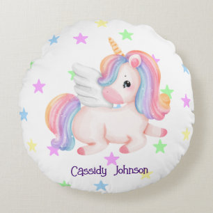 Pastel rainbow unicorn stars round cushion