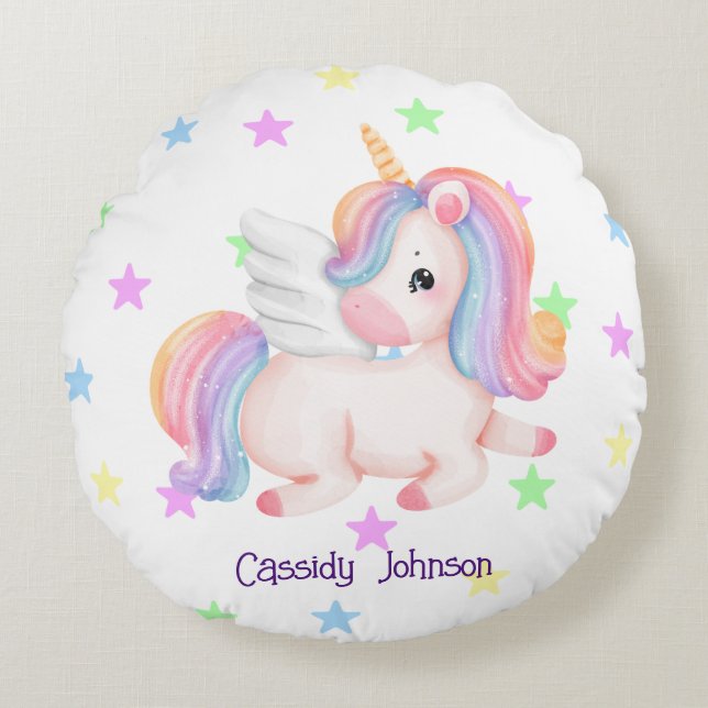 Pastel rainbow unicorn stars round cushion (Front)