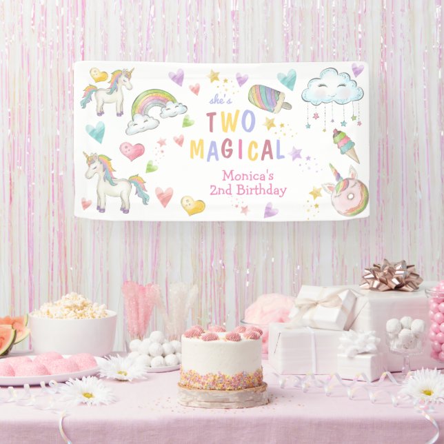 Pastel rainbow unicorn two magical birthday banner (Party)
