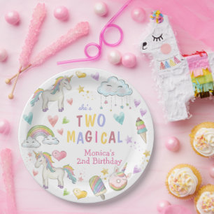 Pastel rainbow unicorn two magical birthday paper plate