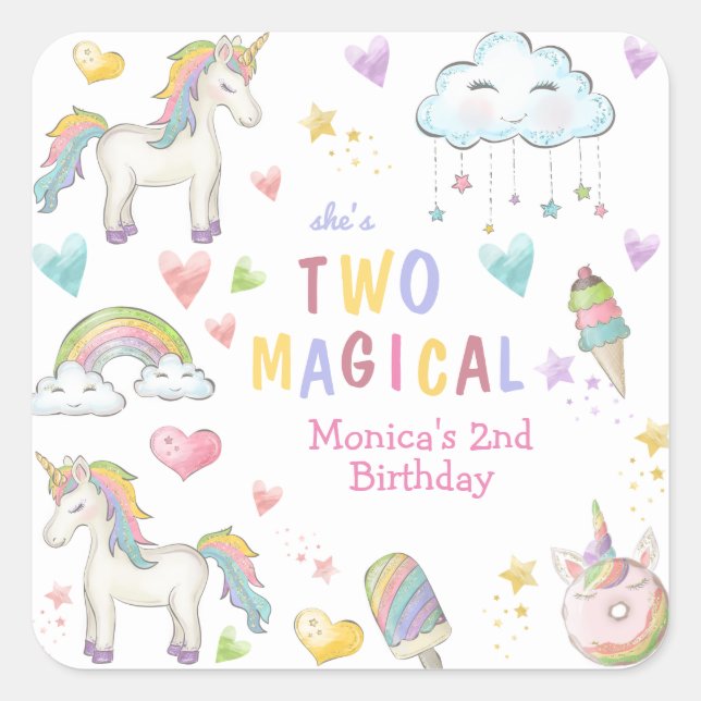 Pastel rainbow unicorn two magical birthday square sticker (Front)
