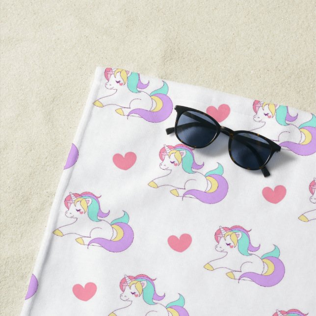 Pastel Rainbow Unicorns and Hearts Pattern Beach Towel (In Situ)