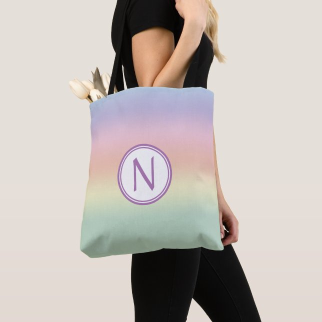 Pastel Rainbow Water Colours Monogrammed  Tote Bag (Close Up)