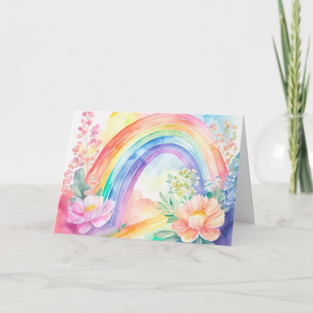 Pastel Rainbow Watercolor Floral Note Card (Front)