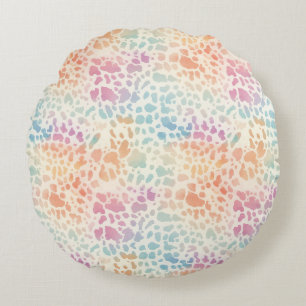 Pastel Rainbow Watercolor Leopard Print Round Cushion