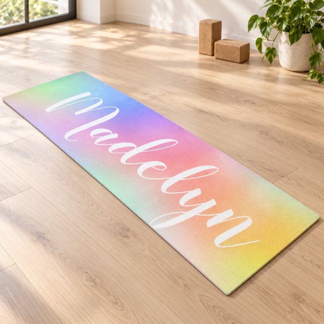 Pastel Rainbow Watercolor Script Monogram Yoga Mat (Creator Uploaded)