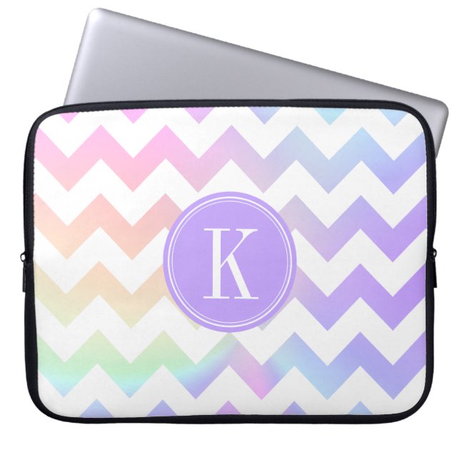 Pastel Rainbow White Chevron Custom Monogram Laptop Sleeve (Front)