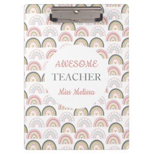 Pastel Rainbow With Heart Pattern Awesome Teacher  Clipboard
