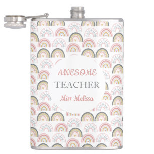 Pastel Rainbow With Heart Pattern Awesome Teacher  Hip Flask